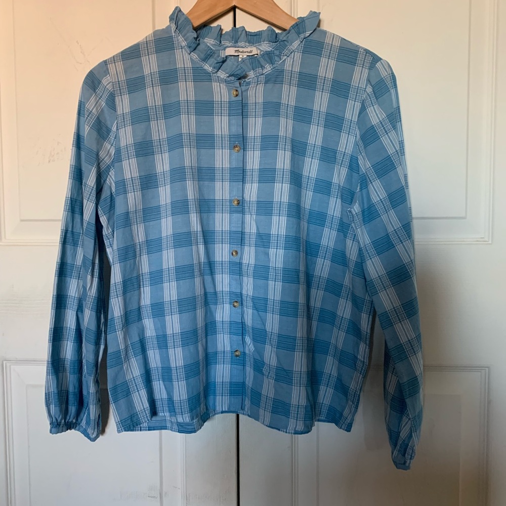 Madewell Women Ruffle-Neck Top in Colwell Plaid long sleeve shirt M - Picture 1 of 7